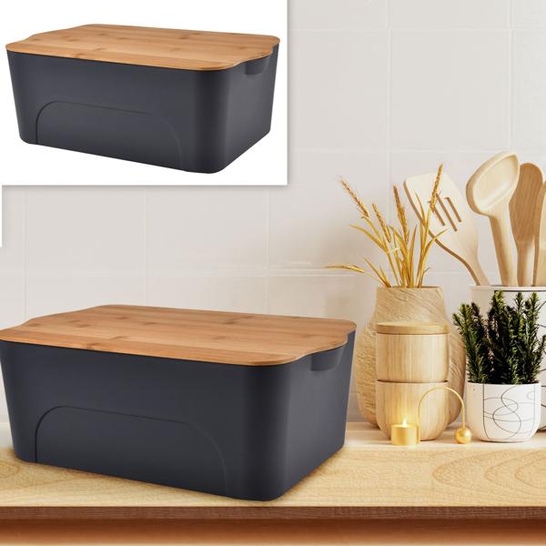 Contenitore con coperchio, plastica e bambù, 40 x 27 x 15 cm, antracite