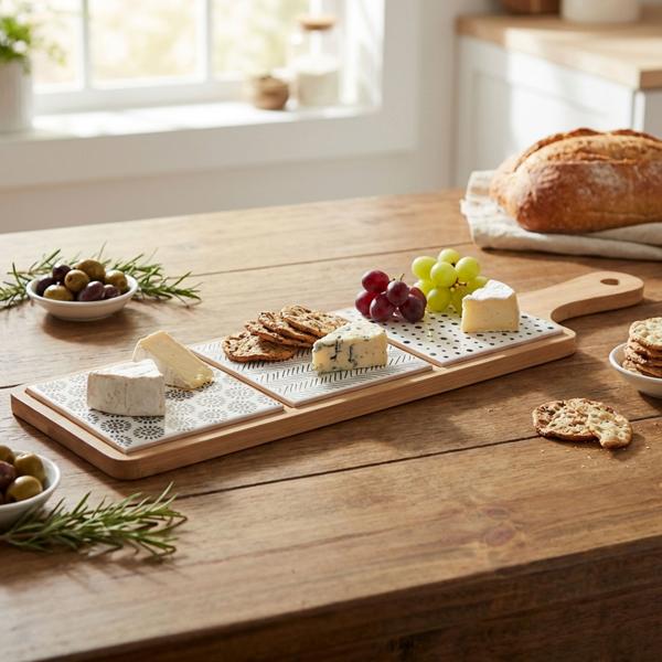 Bamboo serving board with three ceramic plates, 44.1 x 12 x 1.2 cm