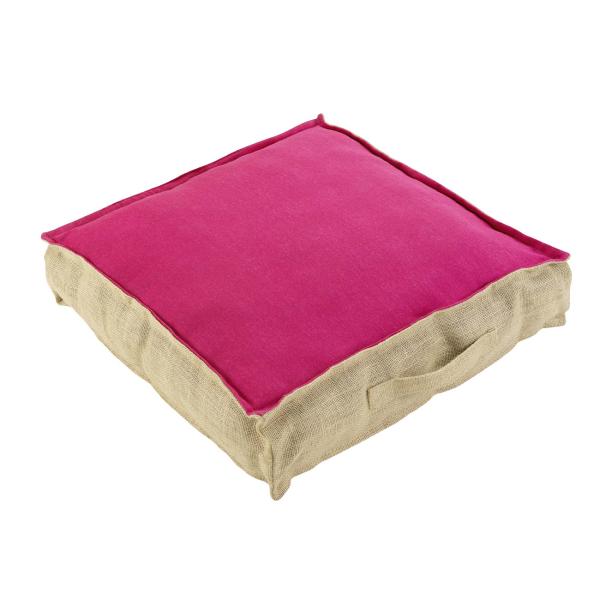 Coussin de sol en jute et coton, framboise, beige, 45 x 45 x 10 cm