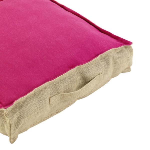 Coussin de sol en jute et coton, framboise, beige, 45 x 45 x 10 cm