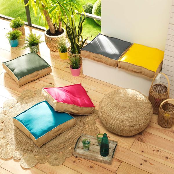 Coussin de sol en jute et coton, framboise, beige, 45 x 45 x 10 cm