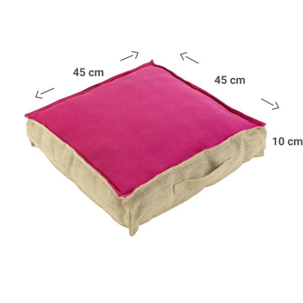 Coussin de sol en jute et coton, framboise, beige, 45 x 45 x 10 cm