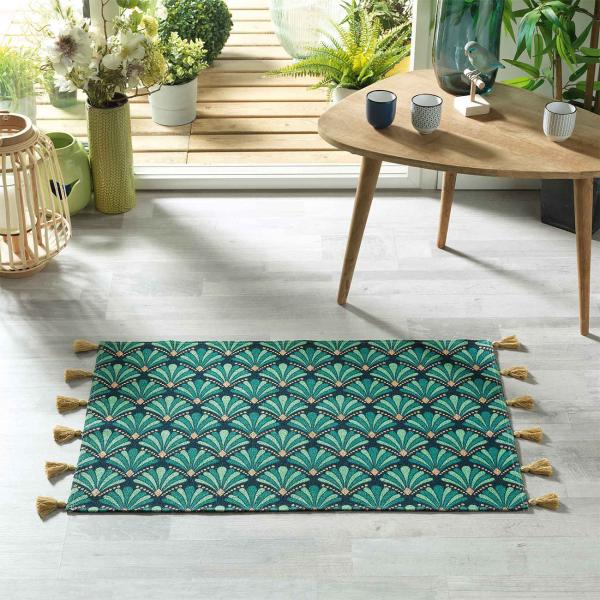 Rectangular carpet with pom pom, cotton, with colorful print, 50 x 80 cm