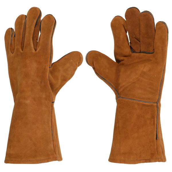 Grillhandschuhe aus 100% Leder - Hitzebeständig - Ofenhandschuhe Kaminhandschuhe - Senfgelb, XL, 34x15cm - Für Herren & Frauen - EN 407