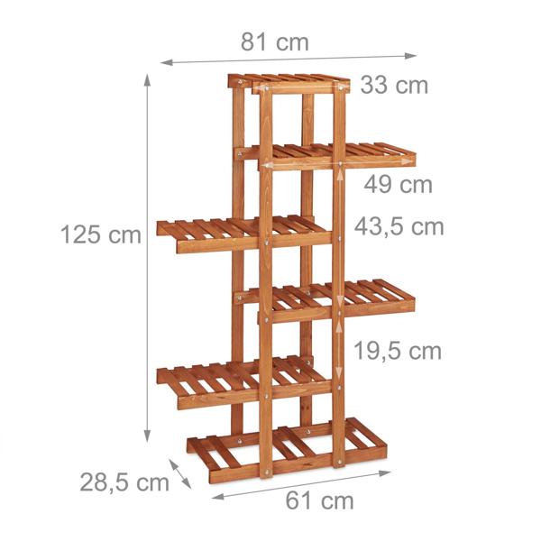 Etagère à fleurs élégante à 5 étages - support de plantes brun clair en bois de sapin, 125x81x25cm - moderne &amp robuste pour chaque pièce