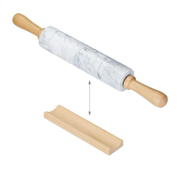 Nudelholz aus Buchenholz und Marmor - Teigroller für Plätzchen Kuchen Pizzateig - Ergonomische Griffe - Dekoratives Wallholz 48cm - Unikat