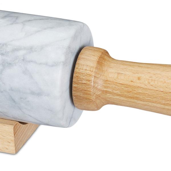 Nudelholz aus Buchenholz und Marmor - Teigroller für Plätzchen Kuchen Pizzateig - Ergonomische Griffe - Dekoratives Wallholz 48cm - Unikat