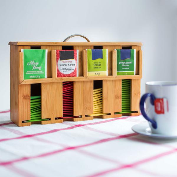 Bamboo tea bag dispenser – 4 compartments, space for over 160 tea bags – brown, 22 x 33.5 x 10 cm – with lid & handle – natural wood design – ideal for kitchen, office