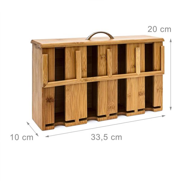 Bamboo tea bag dispenser – 4 compartments, space for over 160 tea bags – brown, 22 x 33.5 x 10 cm – with lid & handle – natural wood design – ideal for kitchen, office