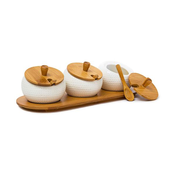 Set of 3 ceramic spice jars – dip bowls with lids, spoons & bamboo tray – jam bar – Ø 9 cm – brown/white