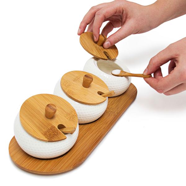 Set of 3 ceramic spice jars – dip bowls with lids, spoons & bamboo tray – jam bar – Ø 9 cm – brown/white