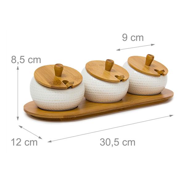Set of 3 ceramic spice jars – dip bowls with lids, spoons & bamboo tray – jam bar – Ø 9 cm – brown/white