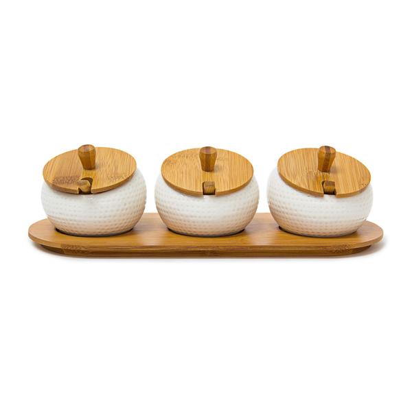 Set of 3 ceramic spice jars – dip bowls with lids, spoons & bamboo tray – jam bar – Ø 9 cm – brown/white