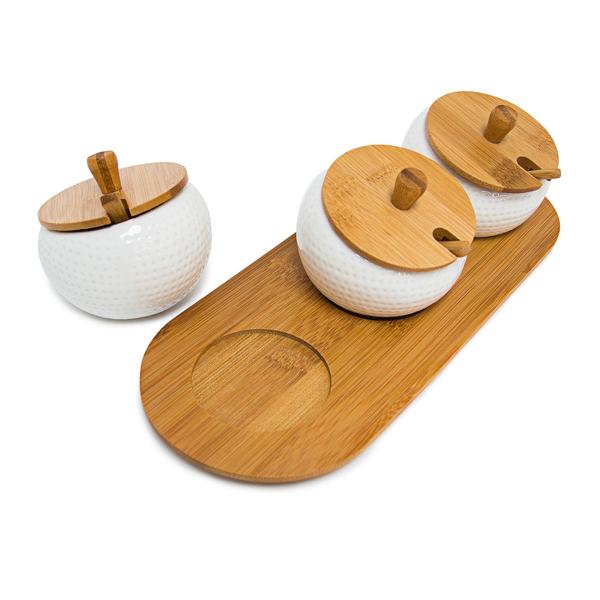 Set of 3 ceramic spice jars – dip bowls with lids, spoons & bamboo tray – jam bar – Ø 9 cm – brown/white