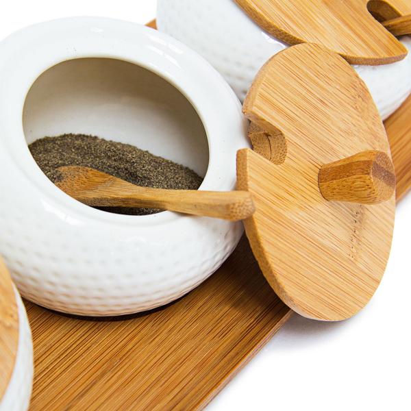 Set of 3 ceramic spice jars – dip bowls with lids, spoons & bamboo tray – jam bar – Ø 9 cm – brown/white