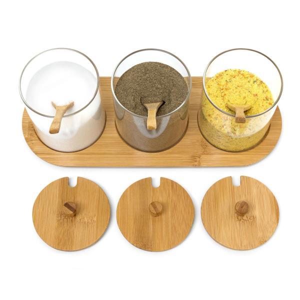 Lot de 3 pots à épices en verre avec plateau en bambou – bar à confitures et coupelles à dips – couvercles et cuillères – hygiénique et décoratif – 12 x 31 x 12 cm