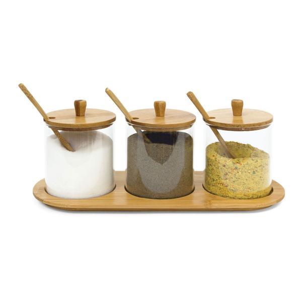 Lot de 3 pots à épices en verre avec plateau en bambou – bar à confitures et coupelles à dips – couvercles et cuillères – hygiénique et décoratif – 12 x 31 x 12 cm