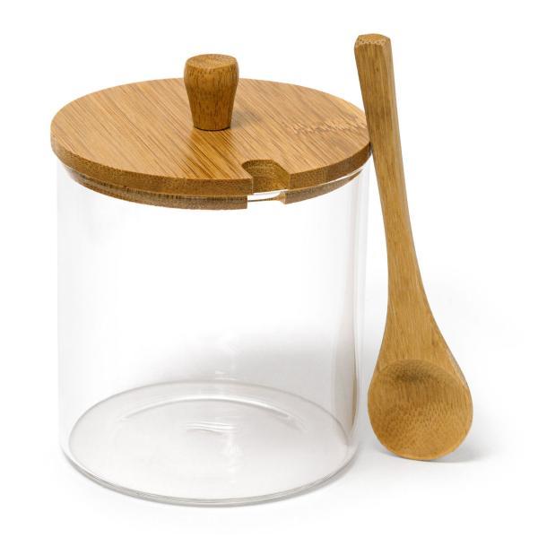 Lot de 3 pots à épices en verre avec plateau en bambou – bar à confitures et coupelles à dips – couvercles et cuillères – hygiénique et décoratif – 12 x 31 x 12 cm