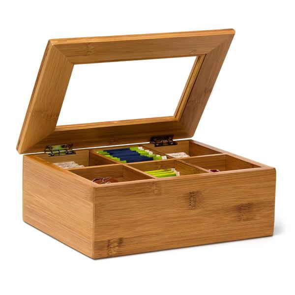 Bamboo tea bag box, box for tea with 6 compartments, space for about 60 tea bags