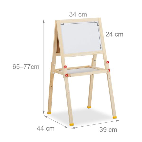 Children’s easel made of pine wood – double-sided with chalkboard, whiteboard & magnetic surface – height-adjustable – storage tray – foldable brown/green/white