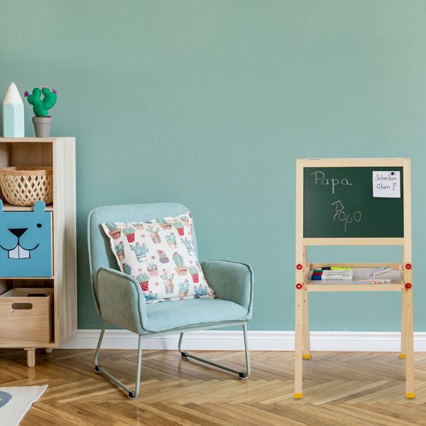 Children’s easel made of pine wood – double-sided with chalkboard, whiteboard & magnetic surface – height-adjustable – storage tray – foldable brown/green/white
