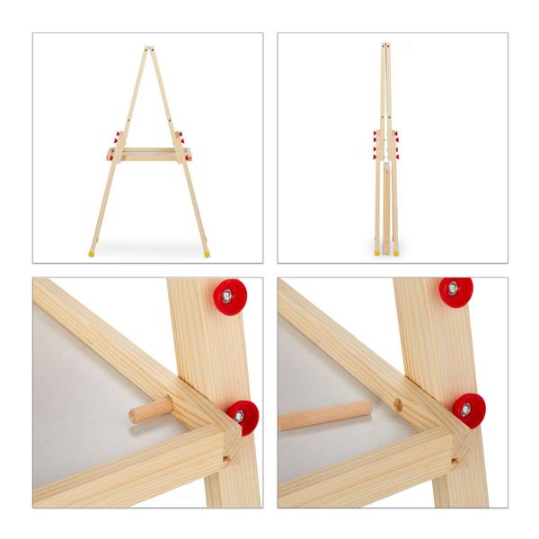 Children’s easel made of pine wood – double-sided with chalkboard, whiteboard & magnetic surface – height-adjustable – storage tray – foldable brown/green/white