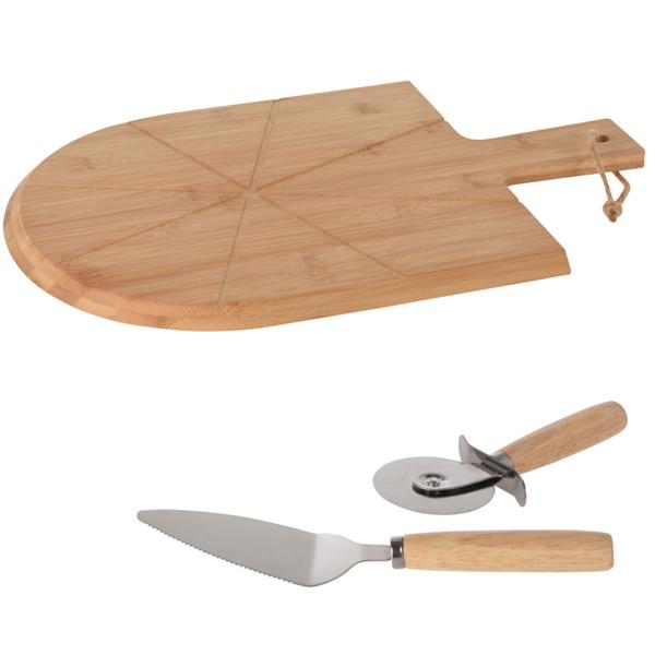 Pizza-Set aus Bambus - 3-teilig mit Pizzabrett, Schneider & Heber - Antibakteriell, geruchsneutral, Ø 43cm - Inkl. Haltegriff zum Aufhängen