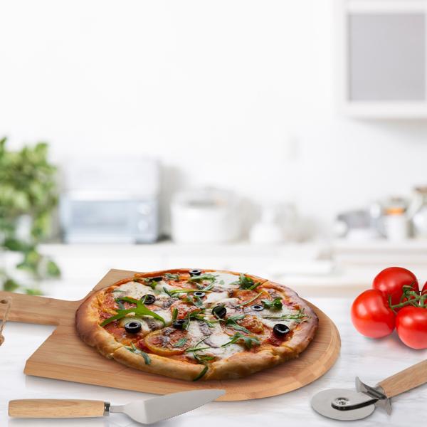 Pizza-Set aus Bambus - 3-teilig mit Pizzabrett, Schneider & Heber - Antibakteriell, geruchsneutral, Ø 43cm - Inkl. Haltegriff zum Aufhängen