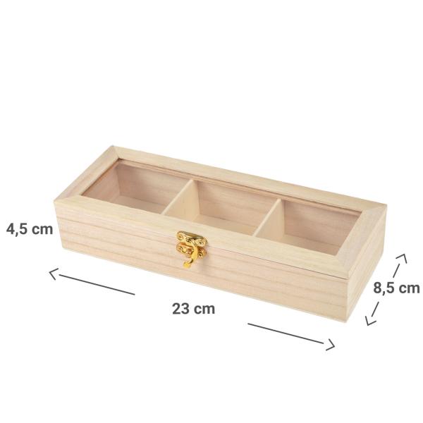 Scatola in legno per bustine di tè, scatola per tè con 3 scomparti, 23 x 8,5 x 4,5 cm
