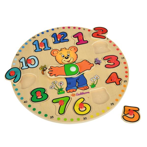 Wooden learning clock bear, educational toy clock with 12 plug-in parts, 25 x 25 x 4 cm