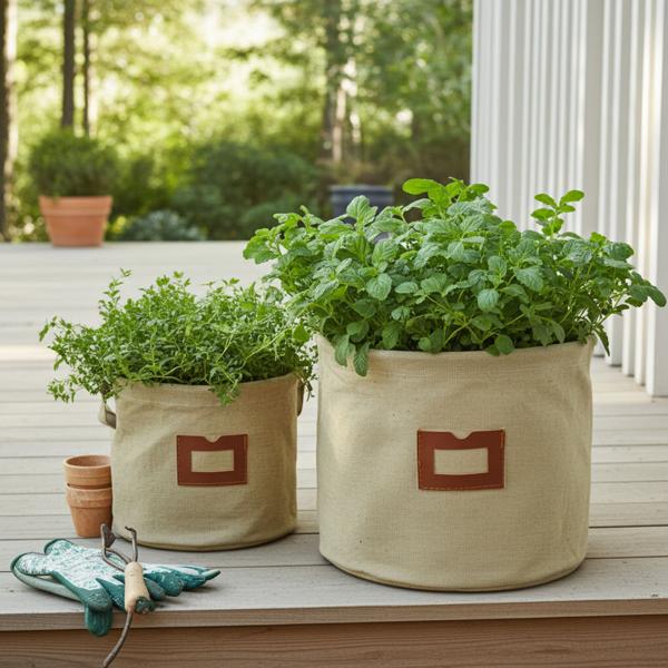 Fioriere tessili in cotone set di 2, beige, borsa per fioriere con pellicola protettiva