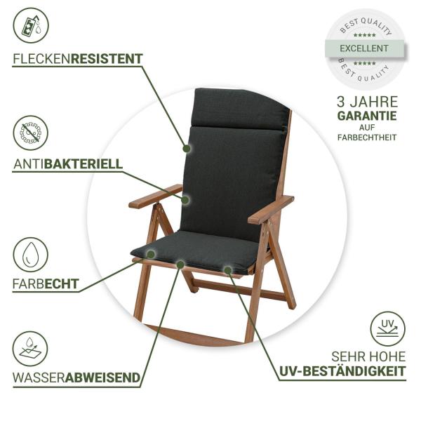 Komfortable Hochlehner-Auflage, dunkelgrau, 120x50cm – Wasserabweisendes Gartenstuhlkissen mit UV-Schutz – Robust & Äusserst langlebig