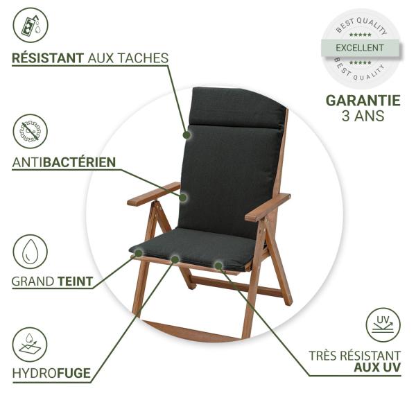 4 coussins confortables pour fauteuils à hauts dossiers, gris foncé, 120x50cm - Coussin de chaise de jardin hydrofuge avec protection UV - Robuste & extrêmement durable