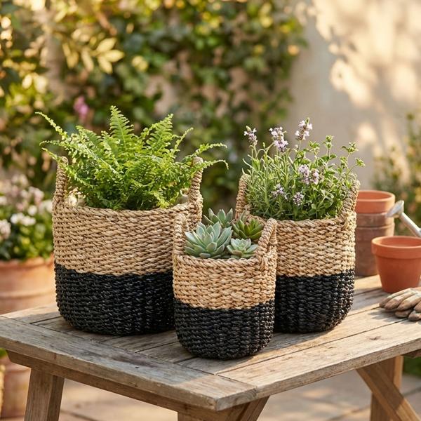 Decorative set of 3 seagrass plant baskets, black-brown - Rustic planters with handles & inner foil, various sizes - Natural charm