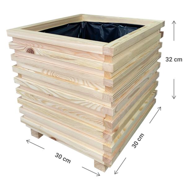 Wooden planter box, flower pot with inner liner, brown, 30 x 30 x 32 cm