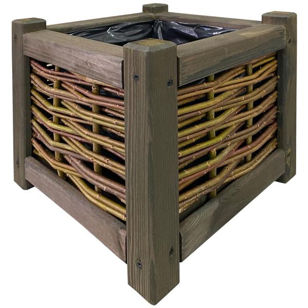 Rattan and wood flower box, planter with inner foil, brown, 40 x 40 x 40 cm