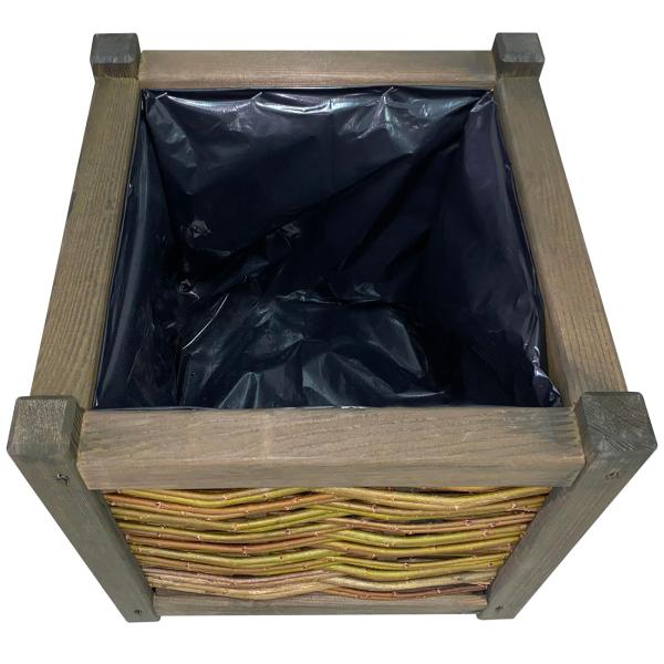 Rattan and wood flower box, planter with inner foil, brown, 40 x 40 x 40 cm