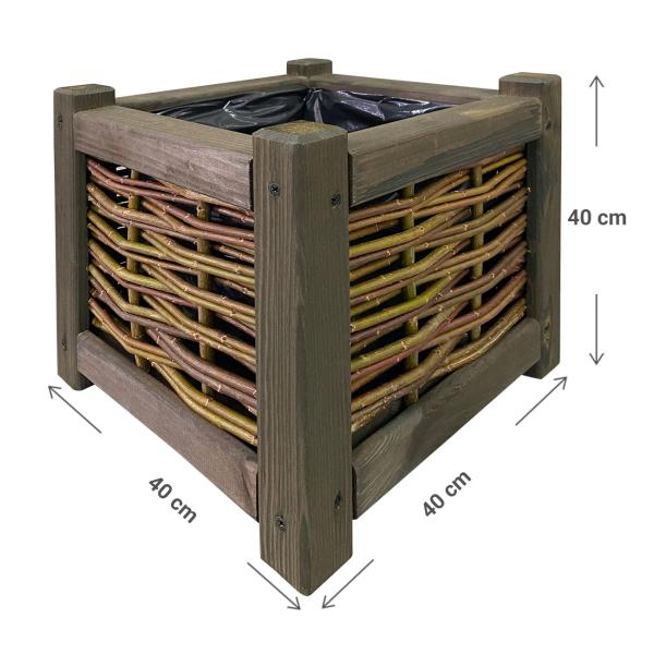Rattan and wood flower box, planter with inner foil, brown, 40 x 40 x 40 cm
