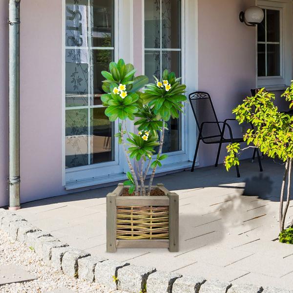 Rattan and wood flower box, planter with inner foil, brown, 40 x 40 x 40 cm