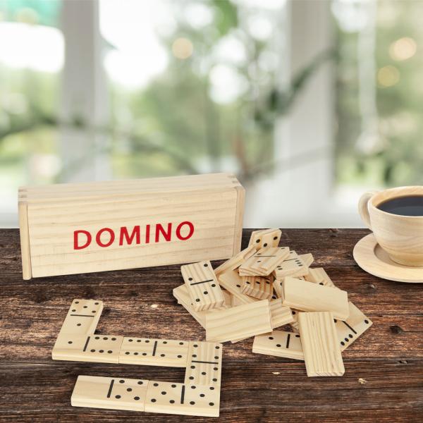 Domino en bois, 28 pièces de jeu en bois dans une boîte pratique, 19,3 x 6,5 x 4,2 cm