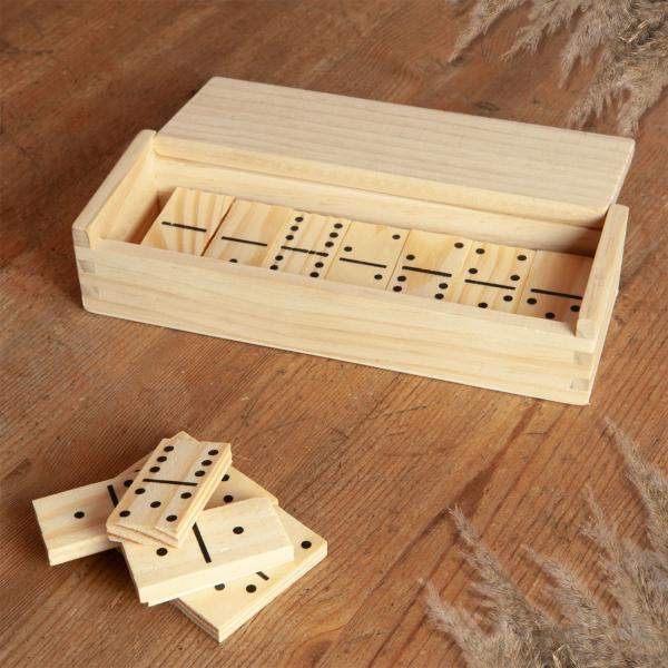 Domino en bois, 28 pièces de jeu en bois dans une boîte pratique, 19,3 x 6,5 x 4,2 cm