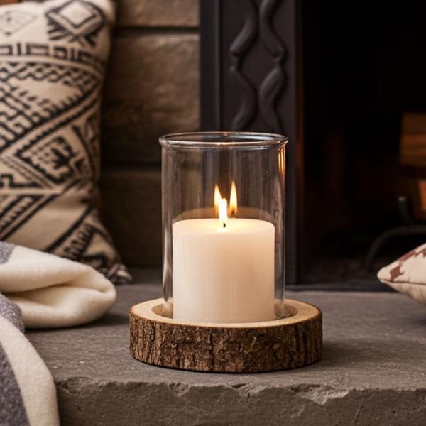 Vaso per candele su base di legno, natura lanterna, bianco, marrone, Ø 15 x 21 cm, Ø 21 x 4 cm