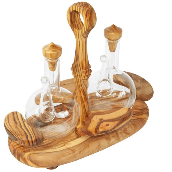 Ménage en bois d‘olivier fait main : distributeur d‘huile & de vinaigre, 19 x 22 x 11 cm - Set décoratif pour vinaigre & huile, beauté naturelle & style