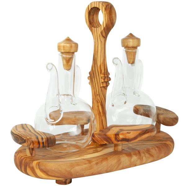 Ménage en bois d‘olivier fait main : distributeur d‘huile & de vinaigre, 19 x 22 x 11 cm - Set décoratif pour vinaigre & huile, beauté naturelle & style