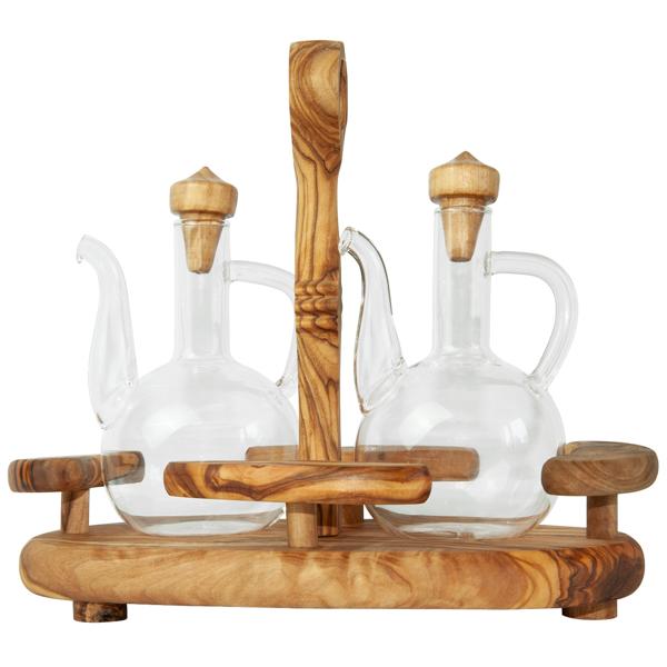 Ménage en bois d‘olivier fait main : distributeur d‘huile & de vinaigre, 19 x 22 x 11 cm - Set décoratif pour vinaigre & huile, beauté naturelle & style