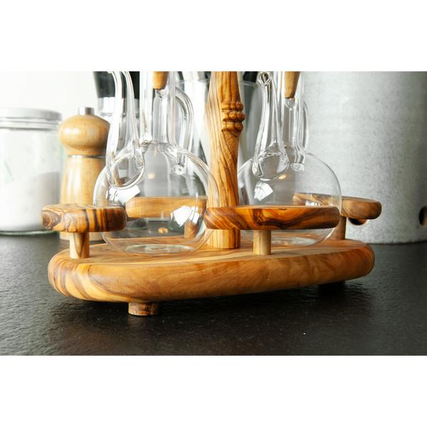 Ménage en bois d‘olivier fait main : distributeur d‘huile & de vinaigre, 19 x 22 x 11 cm - Set décoratif pour vinaigre & huile, beauté naturelle & style