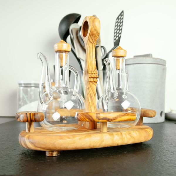 Ménage en bois d‘olivier fait main : distributeur d‘huile & de vinaigre, 19 x 22 x 11 cm - Set décoratif pour vinaigre & huile, beauté naturelle & style