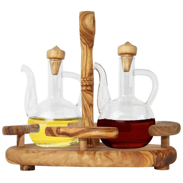 Ménage en bois d‘olivier fait main : distributeur d‘huile & de vinaigre, 19 x 22 x 11 cm - Set décoratif pour vinaigre & huile, beauté naturelle & style