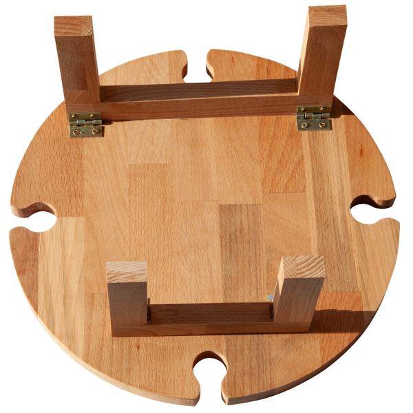 Servier- & Weinbrett mit faltbaren Füssen - Buchenholz Natur Braun Ø 35cm - Weinglashalterung für 4 Gläser & Weinflasche - lebensmittelecht