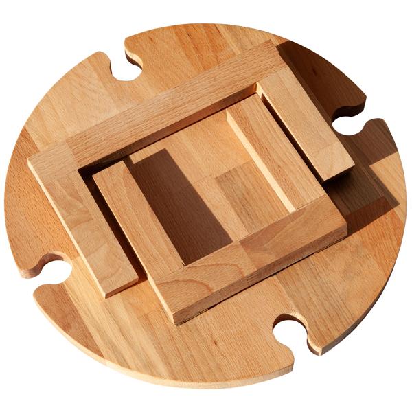 Servier- & Weinbrett mit faltbaren Füssen - Buchenholz Natur Braun Ø 35cm - Weinglashalterung für 4 Gläser & Weinflasche - lebensmittelecht